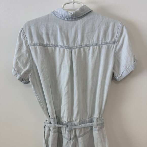 Bella Dahl Light Blue Chambray Short Sleeve Rolled Hem Tie Waist Utility Romper - Picture 6 of 9